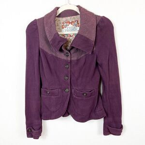 FREE PEOPLE Purple Ribbed Suede Collared Blazer Cropped Jacket Size XS